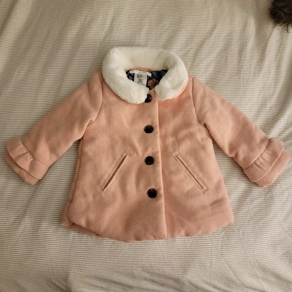 Max Studio Kids Girls Light Pink Pea Coat White Faux Fur Collar, Sleek Interior